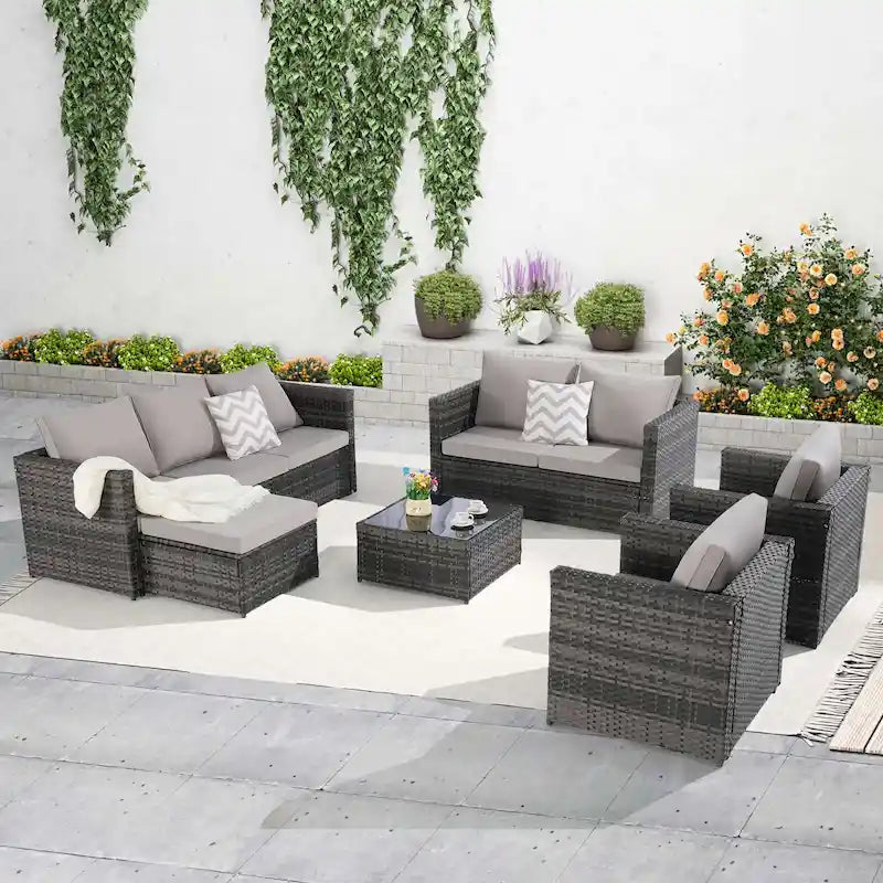 6-Piece Outdoor Wicker Conversation Sofa Set with Coffee Table, Ottoman