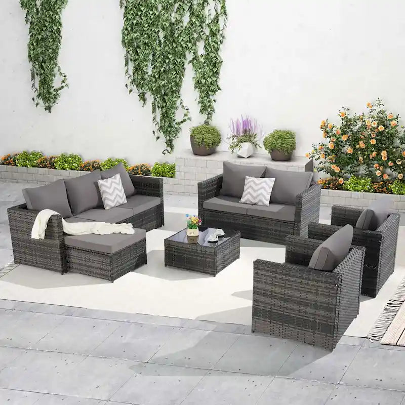 6-Piece Outdoor Wicker Conversation Sofa Set with Coffee Table, Ottoman