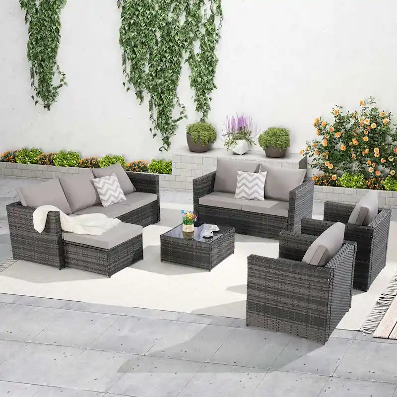 6-Piece Outdoor Wicker Conversation Sofa Set with Coffee Table, Ottoman