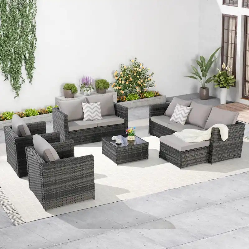 6-Piece Outdoor Wicker Conversation Sofa Set with Coffee Table, Ottoman