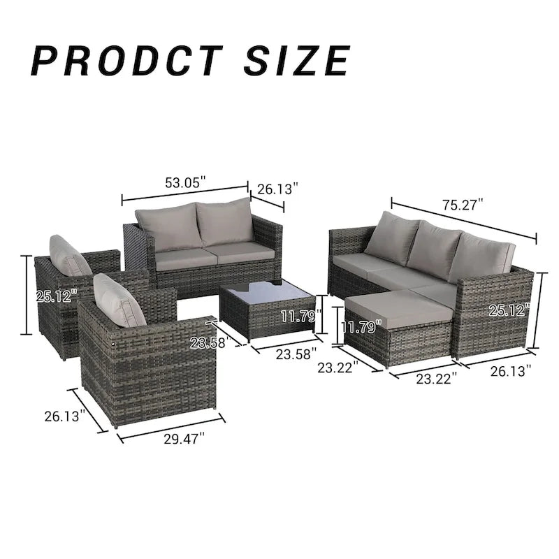 6-Piece Outdoor Wicker Conversation Sofa Set with Coffee Table, Ottoman