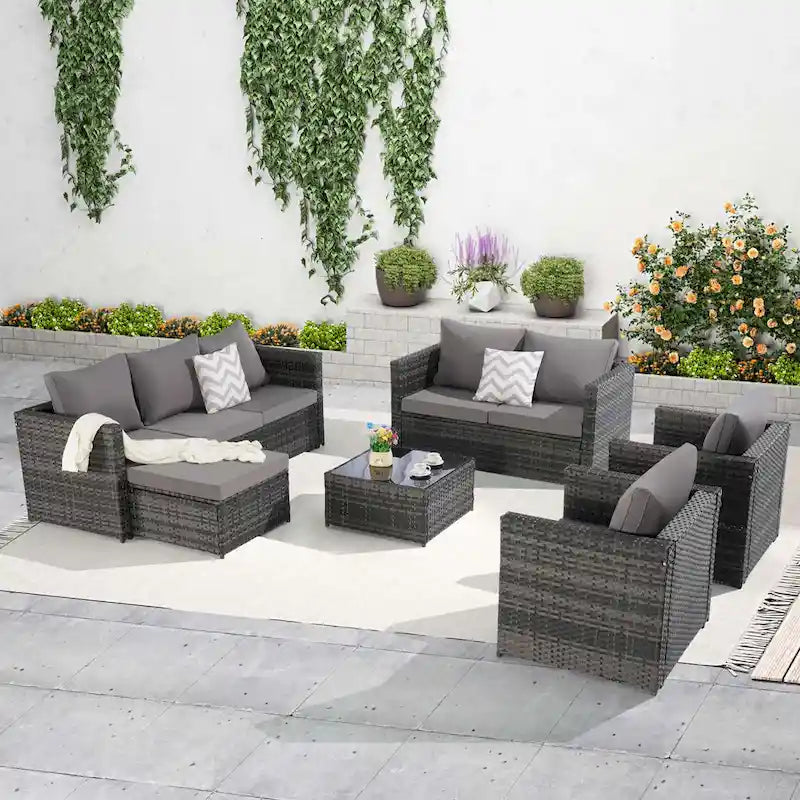 6-Piece Outdoor Wicker Conversation Sofa Set with Coffee Table, Ottoman