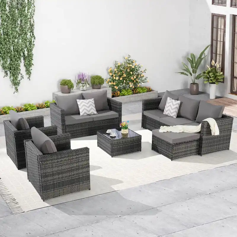6-Piece Outdoor Wicker Conversation Sofa Set with Coffee Table, Ottoman