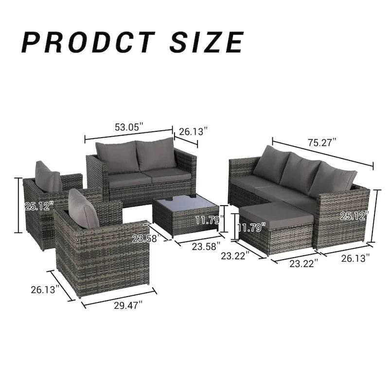 6-Piece Outdoor Wicker Conversation Sofa Set with Coffee Table, Ottoman