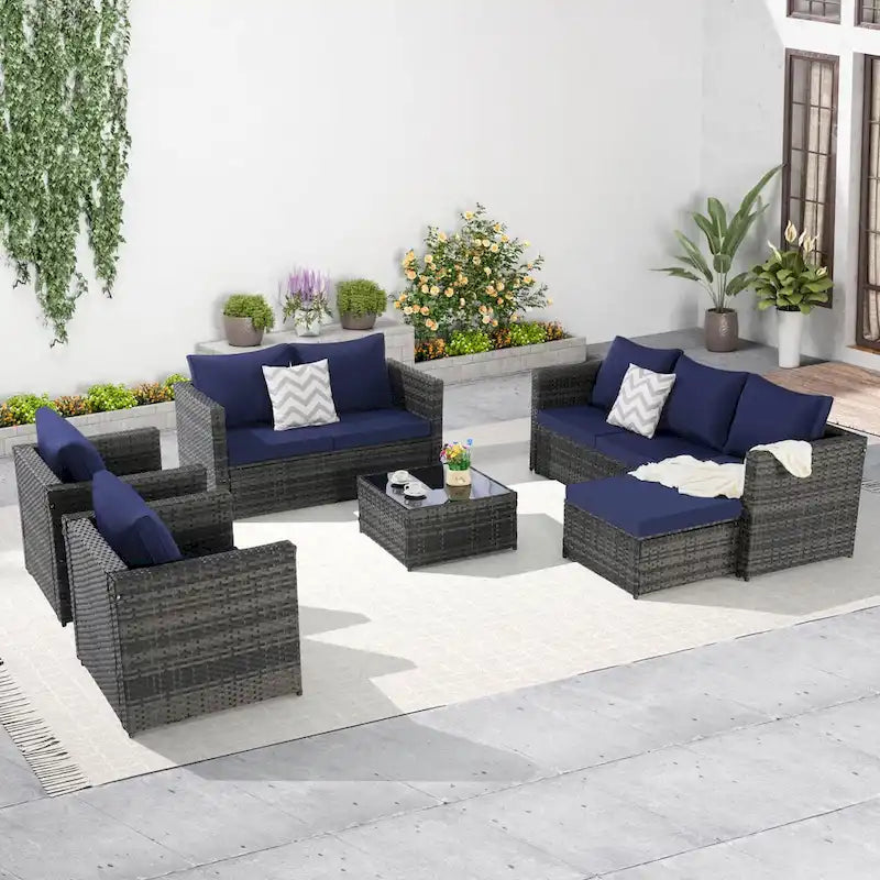6-Piece Outdoor Wicker Conversation Sofa Set with Coffee Table, Ottoman