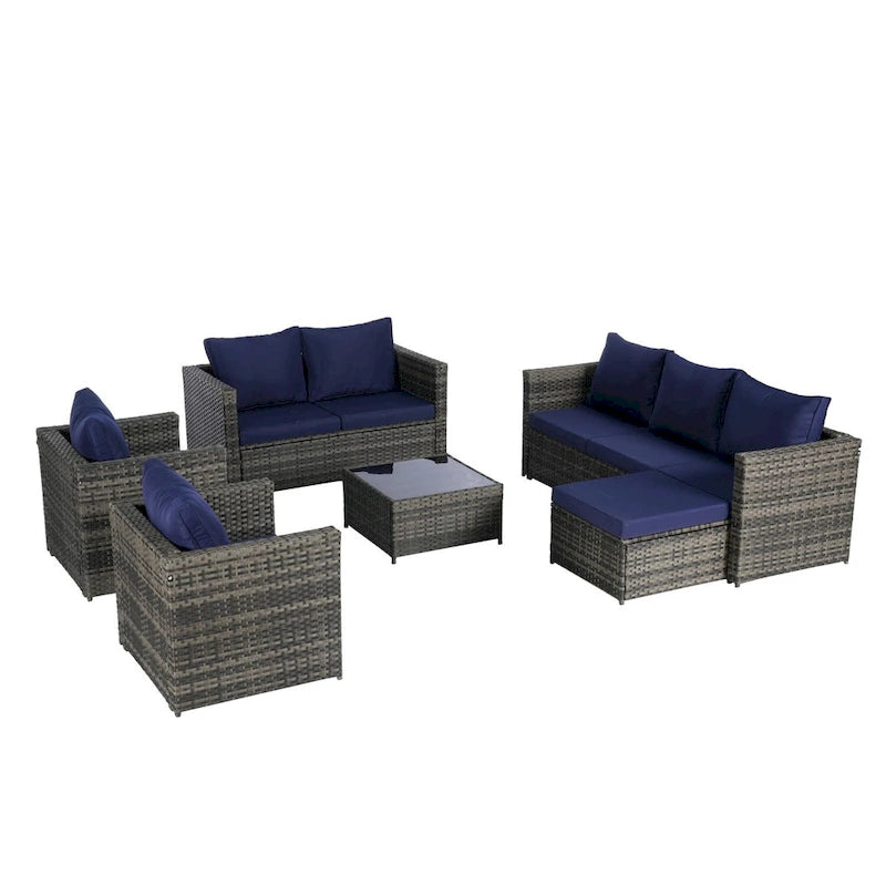 6-Piece Outdoor Wicker Conversation Sofa Set with Coffee Table, Ottoman