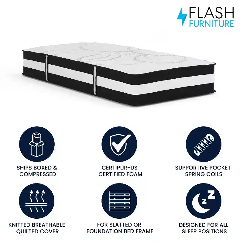 Flash Furniture Capri Comfortable Sleep 12 Inch CertiPUR-US Certified Hybrid Pocket Spring Mattress, Mattress in a Box