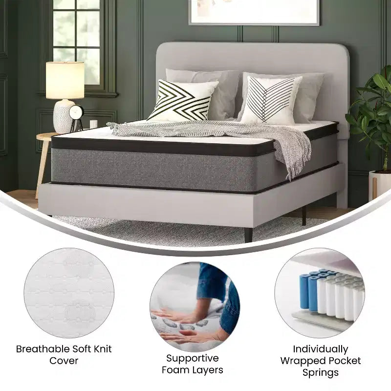 Emma and Oliver 13 Euro Top Hybrid Pocket Spring Mattress in a Box with CertiPUR-US Certified Foam for Supportive Pressure Relief