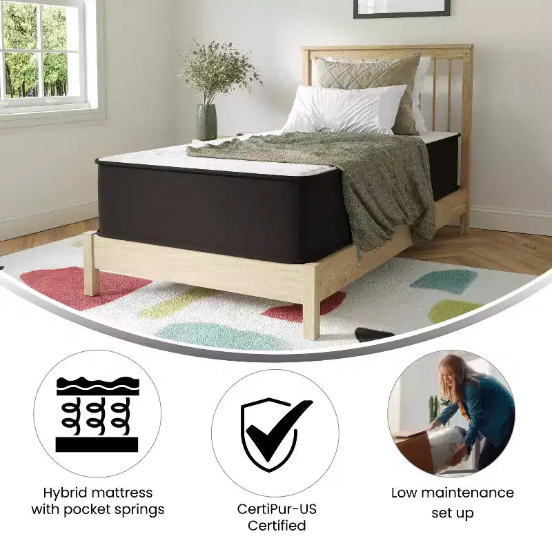 Emma and Oliver 12 Inch Hybrid Mattress, High Density Foam and Pocket Spring Mattress in a Box, CertiPur-US Certified Foam