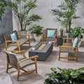 Augusta Outdoor Acacia Wood and Wicker 6 Seater Chat Set with Fire Pit by Christopher Knight Home
