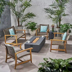 Augusta Outdoor Acacia Wood and Wicker 6 Seater Chat Set with Fire Pit by Christopher Knight Home
