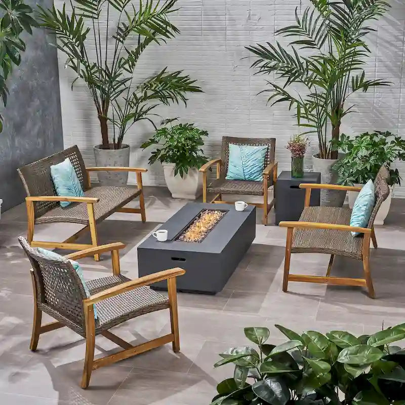 Augusta Outdoor Acacia Wood and Wicker 6 Seater Chat Set with Fire Pit by Christopher Knight Home
