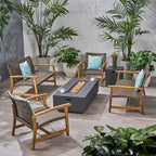 Augusta Outdoor Acacia Wood and Wicker 6 Seater Chat Set with Fire Pit by Christopher Knight Home