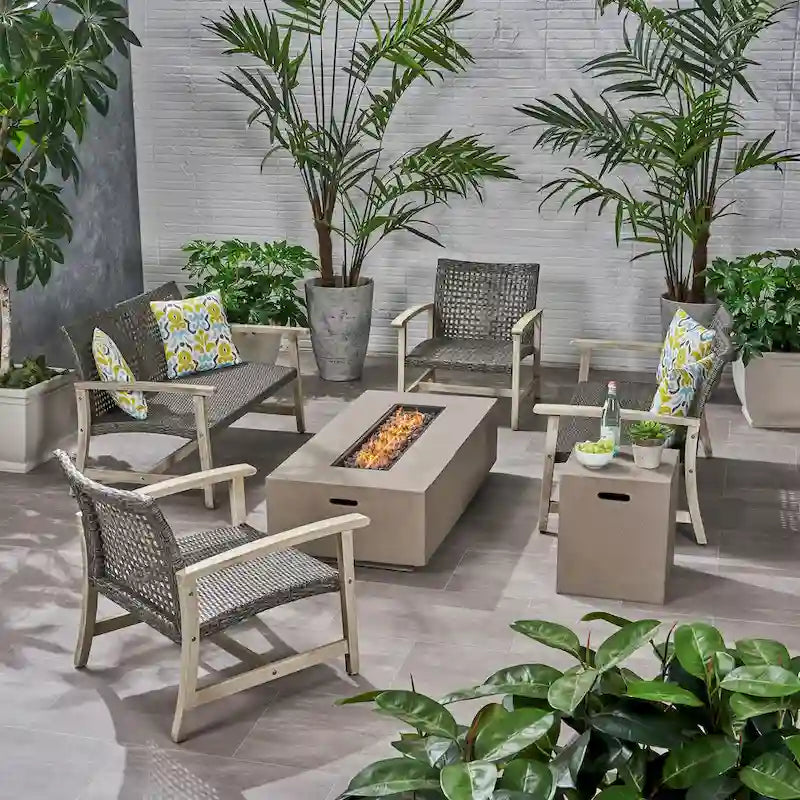 Augusta Outdoor Acacia Wood and Wicker 6 Seater Chat Set with Fire Pit by Christopher Knight Home