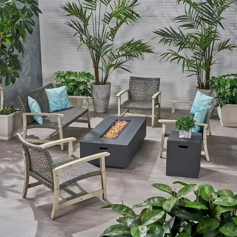 Augusta Outdoor Acacia Wood and Wicker 6 Seater Chat Set with Fire Pit by Christopher Knight Home