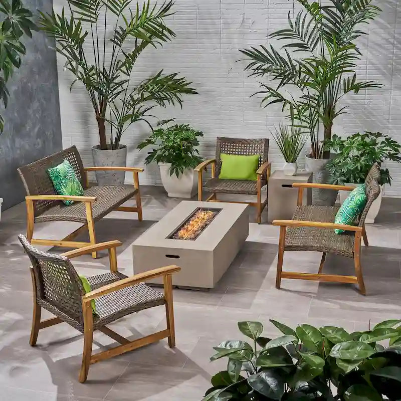 Augusta Outdoor Acacia Wood and Wicker 6 Seater Chat Set with Fire Pit by Christopher Knight Home