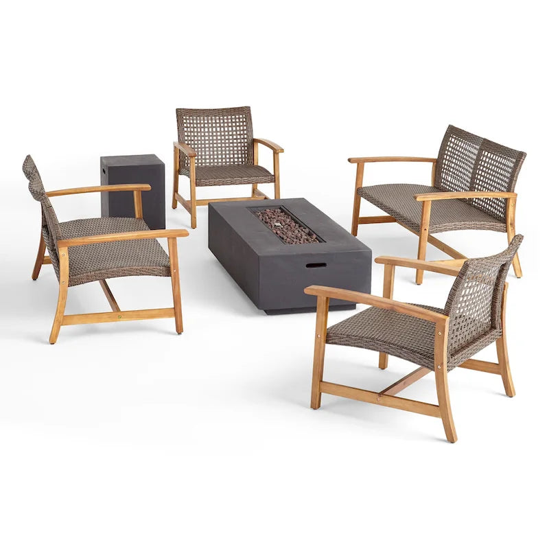 Augusta Outdoor Acacia Wood and Wicker 6 Seater Chat Set with Fire Pit by Christopher Knight Home