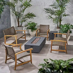 Augusta Outdoor Acacia Wood and Wicker 6 Seater Chat Set with Fire Pit by Christopher Knight Home