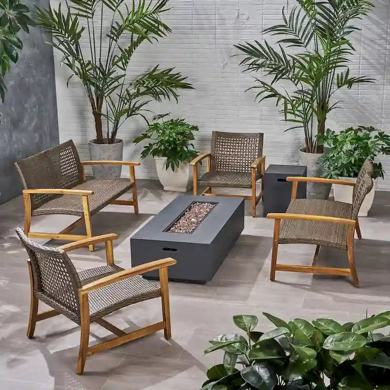 Augusta Outdoor Acacia Wood and Wicker 6 Seater Chat Set with Fire Pit by Christopher Knight Home