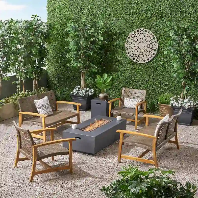 Augusta Outdoor Acacia Wood and Wicker 6 Seater Chat Set with Fire Pit by Christopher Knight Home