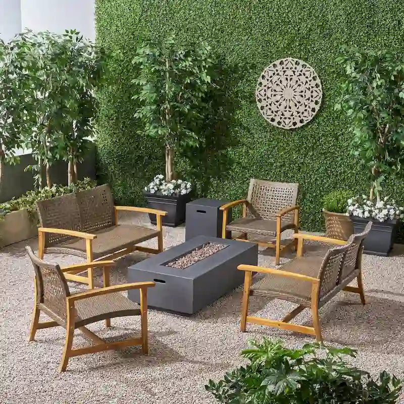 Augusta Outdoor Acacia Wood and Wicker 6 Seater Chat Set with Fire Pit by Christopher Knight Home
