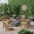 Augusta Outdoor Acacia Wood and Wicker 6 Seater Chat Set with Fire Pit by Christopher Knight Home
