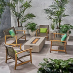 Augusta Outdoor Acacia Wood and Wicker 6 Seater Chat Set with Fire Pit by Christopher Knight Home