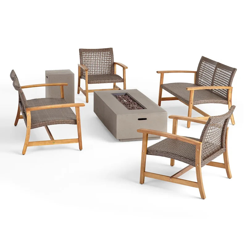Augusta Outdoor Acacia Wood and Wicker 6 Seater Chat Set with Fire Pit by Christopher Knight Home
