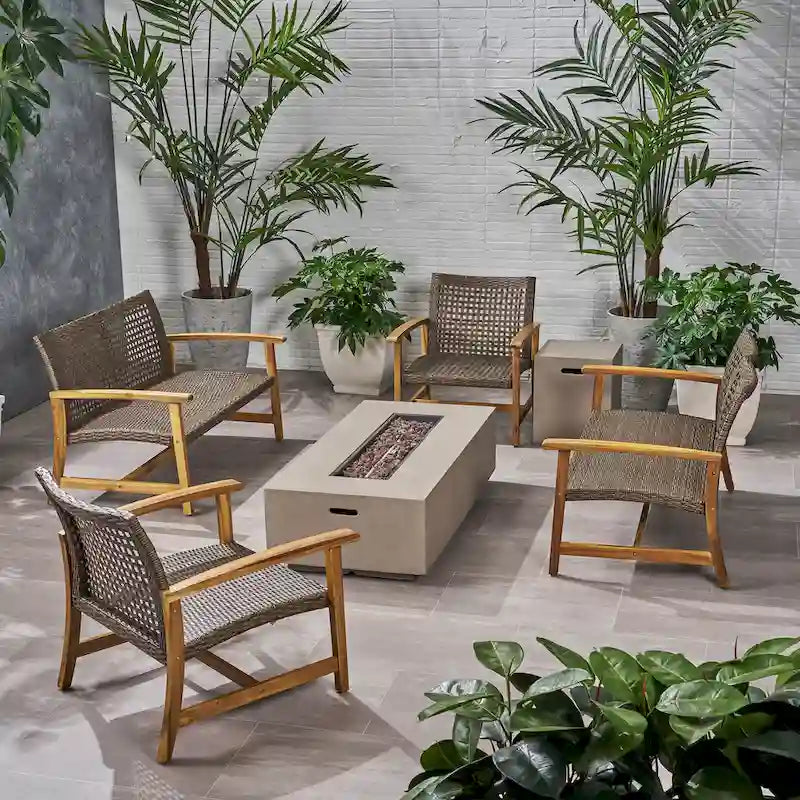 Augusta Outdoor Acacia Wood and Wicker 6 Seater Chat Set with Fire Pit by Christopher Knight Home