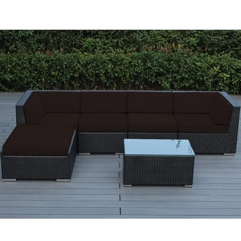 Ohana Outdoor Patio 6 Piece Black Wicker Sofa Sectional with Cushions - No Assembly