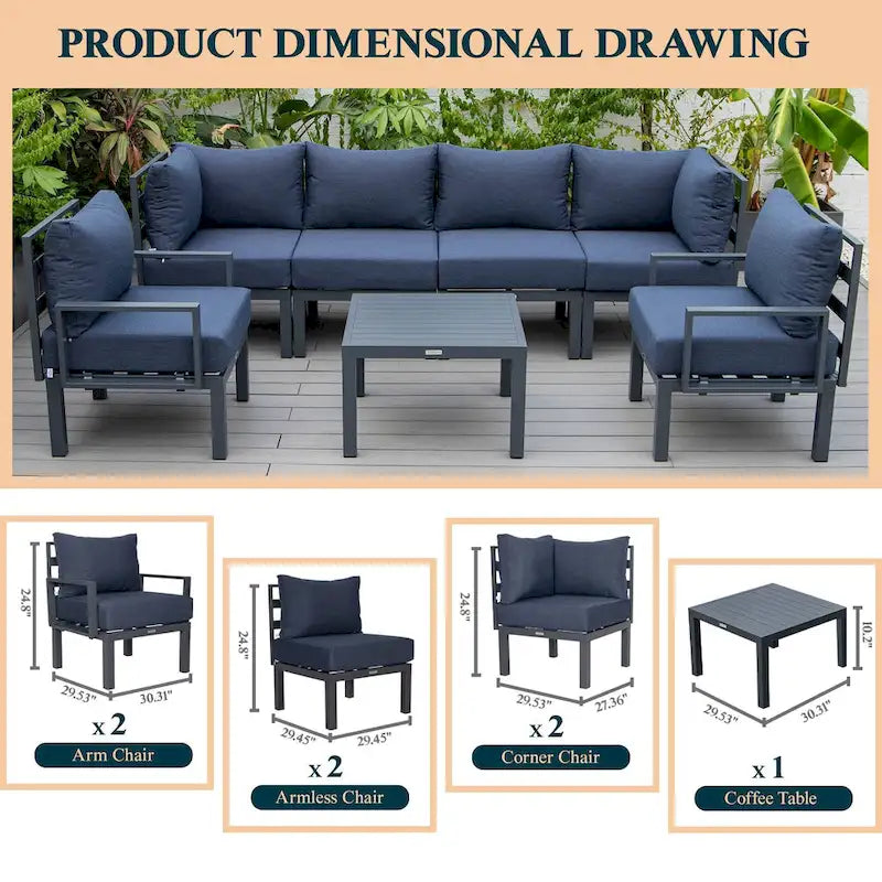 Outdoor 7-Piece Modern Patio Sectional Sofa Set Aluminum Frame W/ Coffee Table for Outdoor Summer Porch Backyard