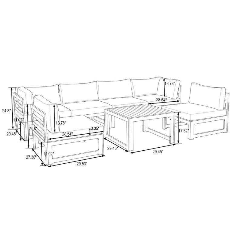 Outdoor 7-Piece Modern Patio Sectional Sofa Set Aluminum Frame W/ Coffee Table for Outdoor Summer Porch Backyard
