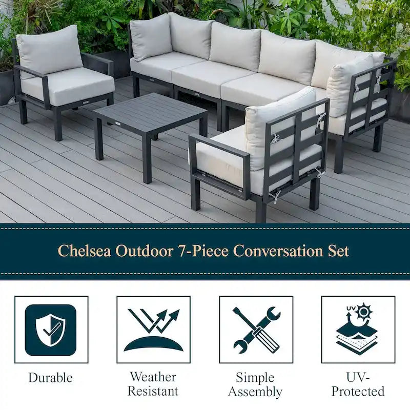 Outdoor 7-Piece Modern Patio Sectional Sofa Set Aluminum Frame W/ Coffee Table for Outdoor Summer Porch Backyard