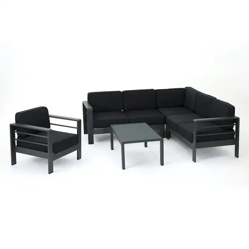 Cape Coral Outdoor Aluminum Tempered Glass 5-piece V-Shape Sectional Sofa Set with Cushions by Christopher Knight Home