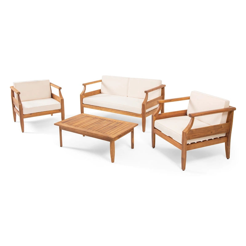 Aston Outdoor Mid-Century Modern Cushioned Acacia 4-seat Chat Set by Christopher Knight Home