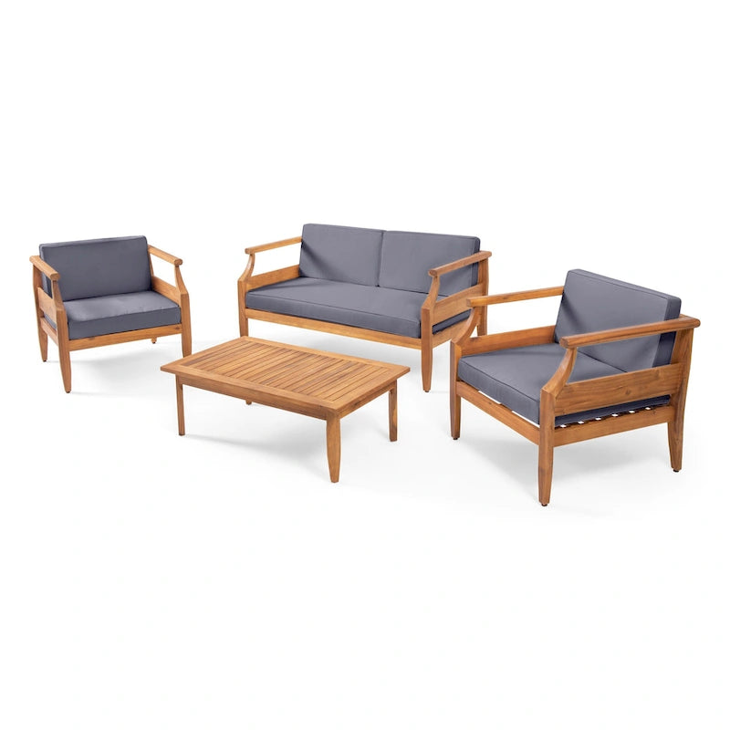 Aston Outdoor Mid-Century Modern Cushioned Acacia 4-seat Chat Set by Christopher Knight Home