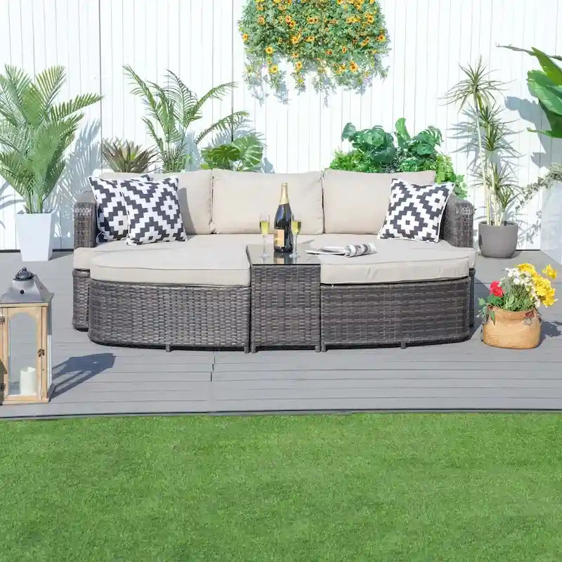 5-piece Patio Wicker Daybed Sectional Sofa Set with Side Table