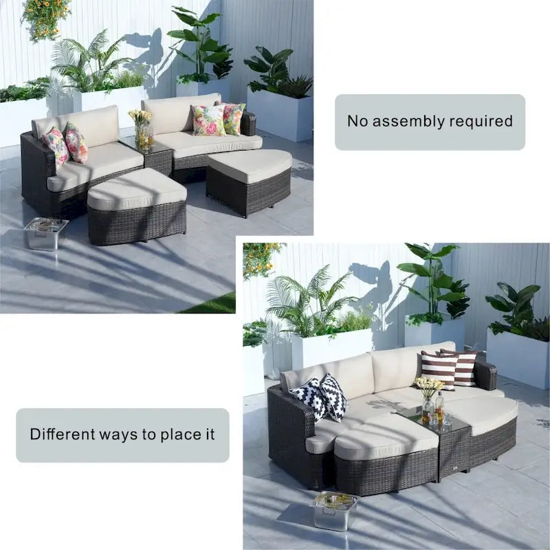 5-piece Patio Wicker Daybed Sectional Sofa Set with Side Table