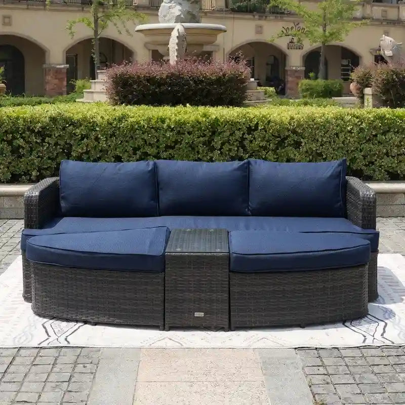5-piece Patio Wicker Daybed Sectional Sofa Set with Side Table