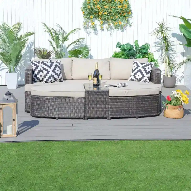 5-piece Patio Wicker Daybed Sectional Sofa Set with Side Table