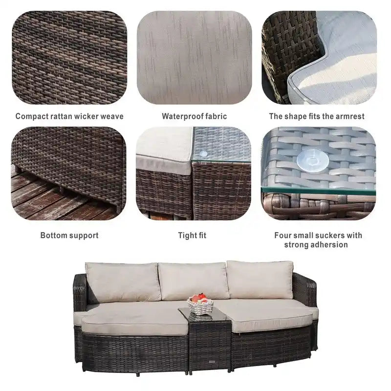 5-piece Patio Wicker Daybed Sectional Sofa Set with Side Table