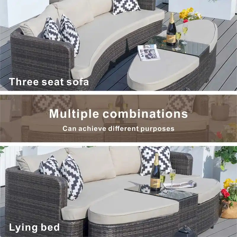 5-piece Patio Wicker Daybed Sectional Sofa Set with Side Table