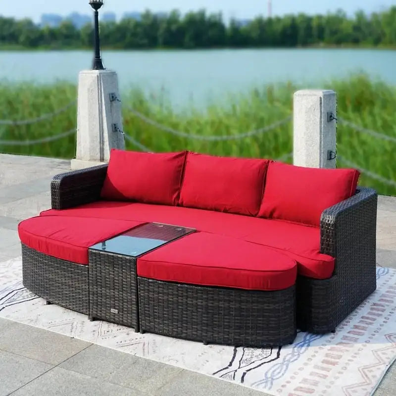5-piece Patio Wicker Daybed Sectional Sofa Set with Side Table