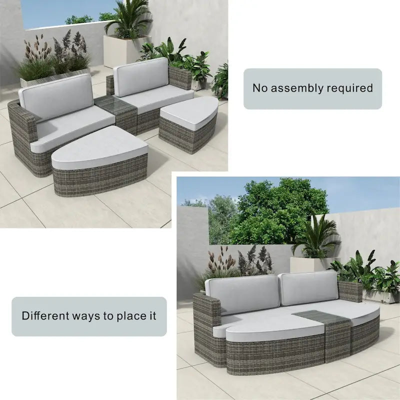 5-piece Patio Wicker Daybed Sectional Sofa Set with Side Table