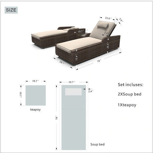 3-piece Patio Wicker Adjustable Chaise Lounge Set with Arms Throw Pillow Not Include