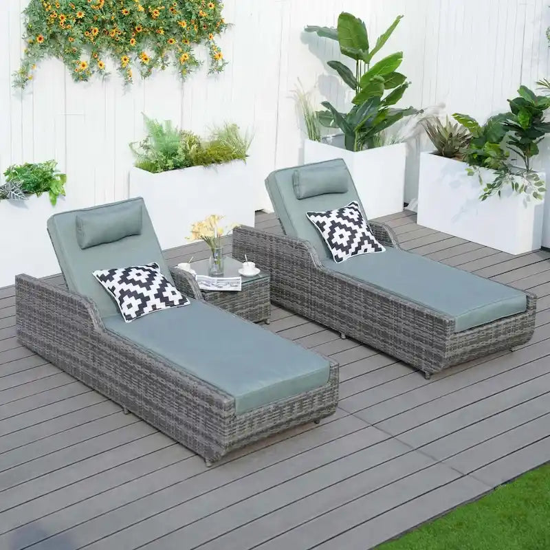 3-piece Patio Wicker Adjustable Chaise Lounge Set with Arms Throw Pillow Not Include