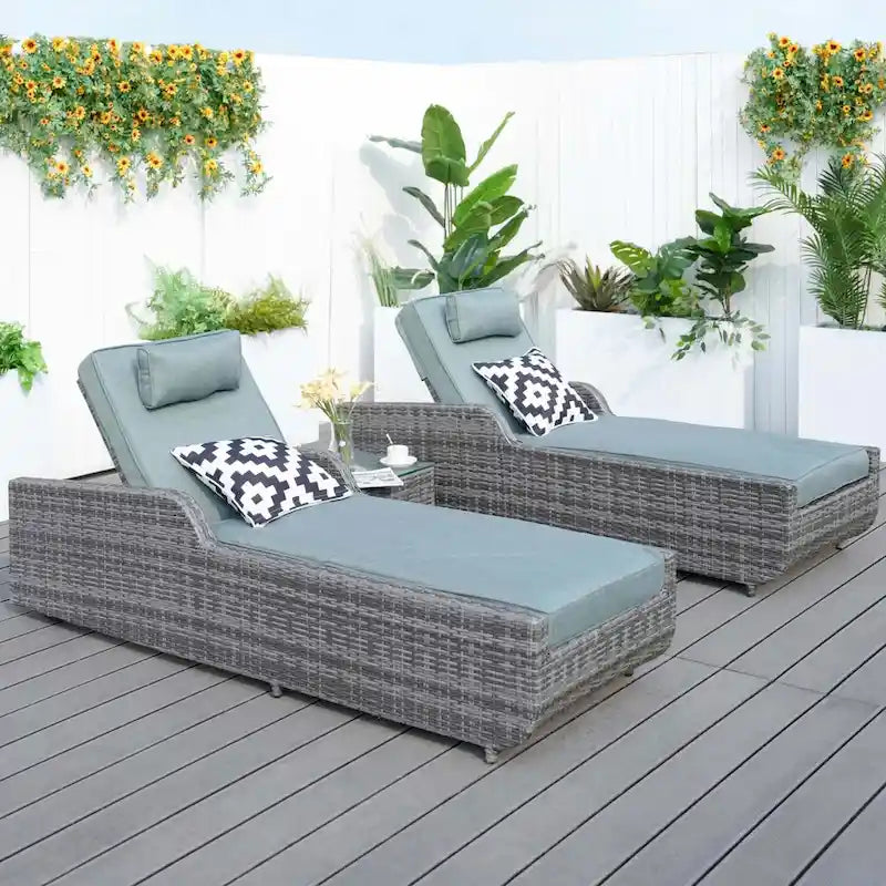 3-piece Patio Wicker Adjustable Chaise Lounge Set with Arms Throw Pillow Not Include