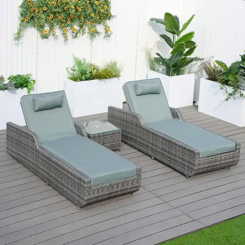 3-piece Patio Wicker Adjustable Chaise Lounge Set with Arms Throw Pillow Not Include