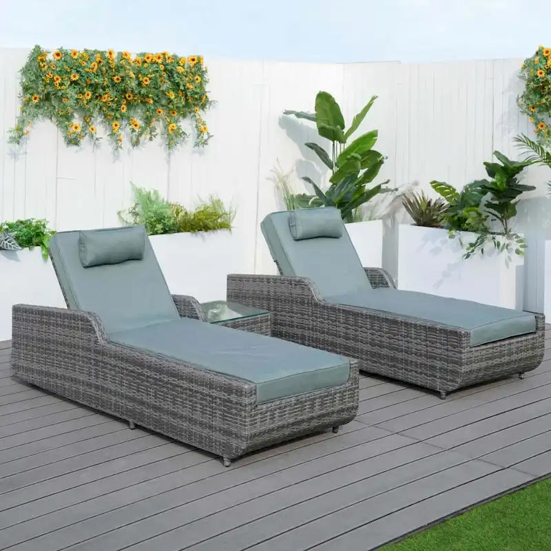 3-piece Patio Wicker Adjustable Chaise Lounge Set with Arms Throw Pillow Not Include