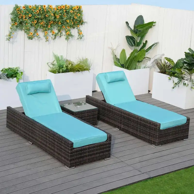 3-piece Patio Wicker Adjustable Chaise Lounge Set with Arms Throw Pillow Not Include